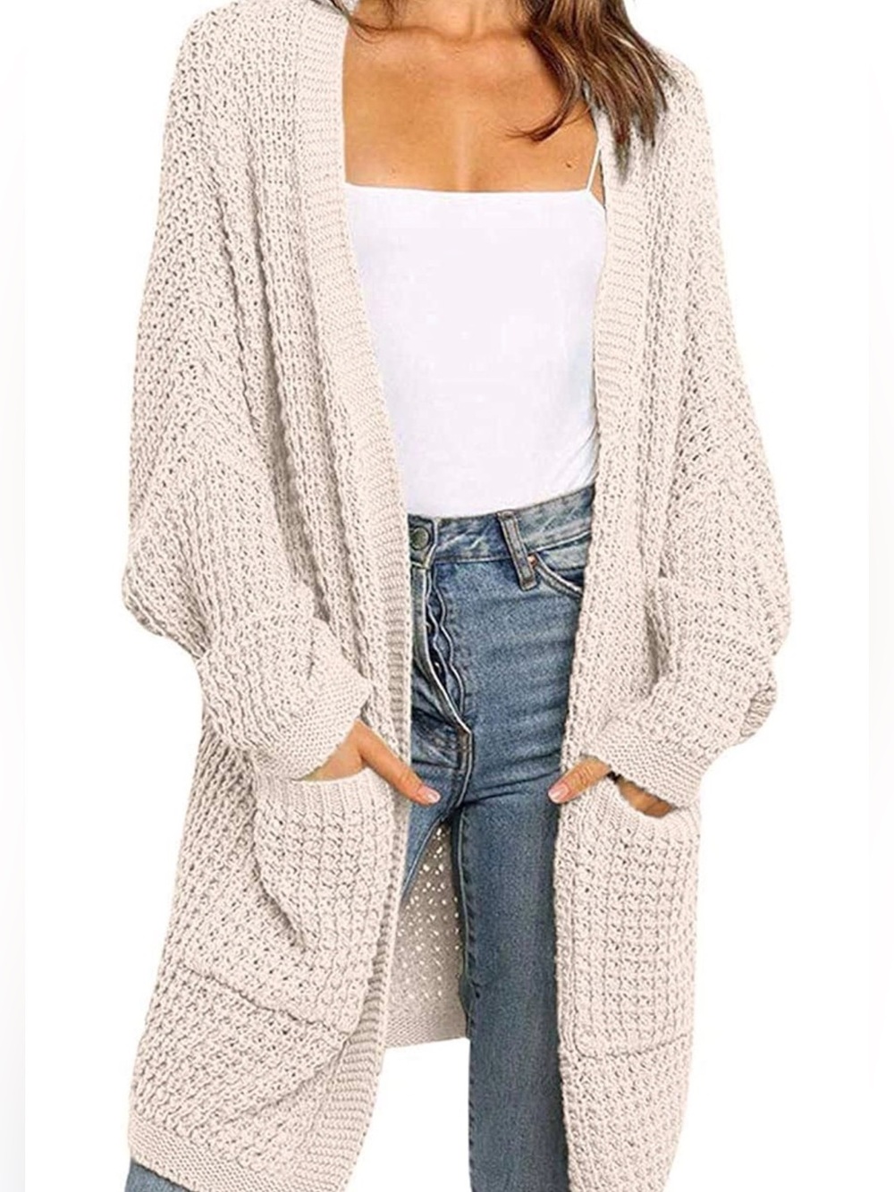 YIBOCK Cream Oversized Open Knit Long Cardigan Sweater Pockets M